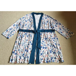 Womens Robe-LANDS' END-white/blue floral stretch knit tie-waist-2X